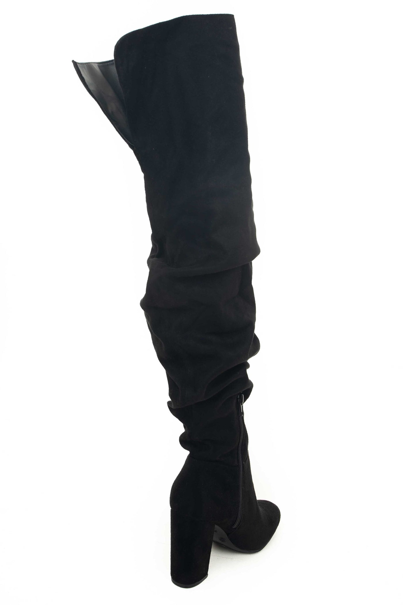 Black Faux Suede Thigh High Scrunch Style Boots