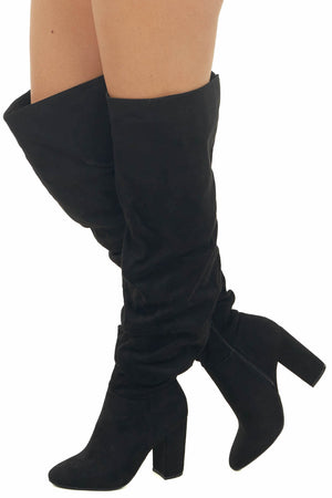 Black Faux Suede Thigh High Scrunch Style Boots