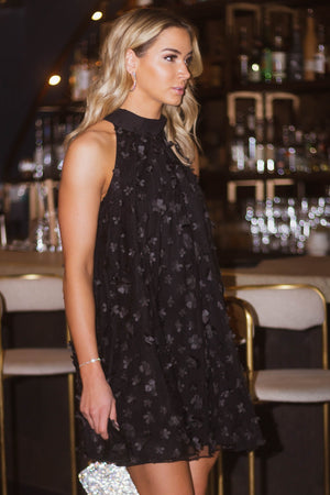 Black Floral Embellished Halter Neck Short Dress