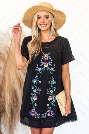 Black Floral Embroidered Short Shift Dress