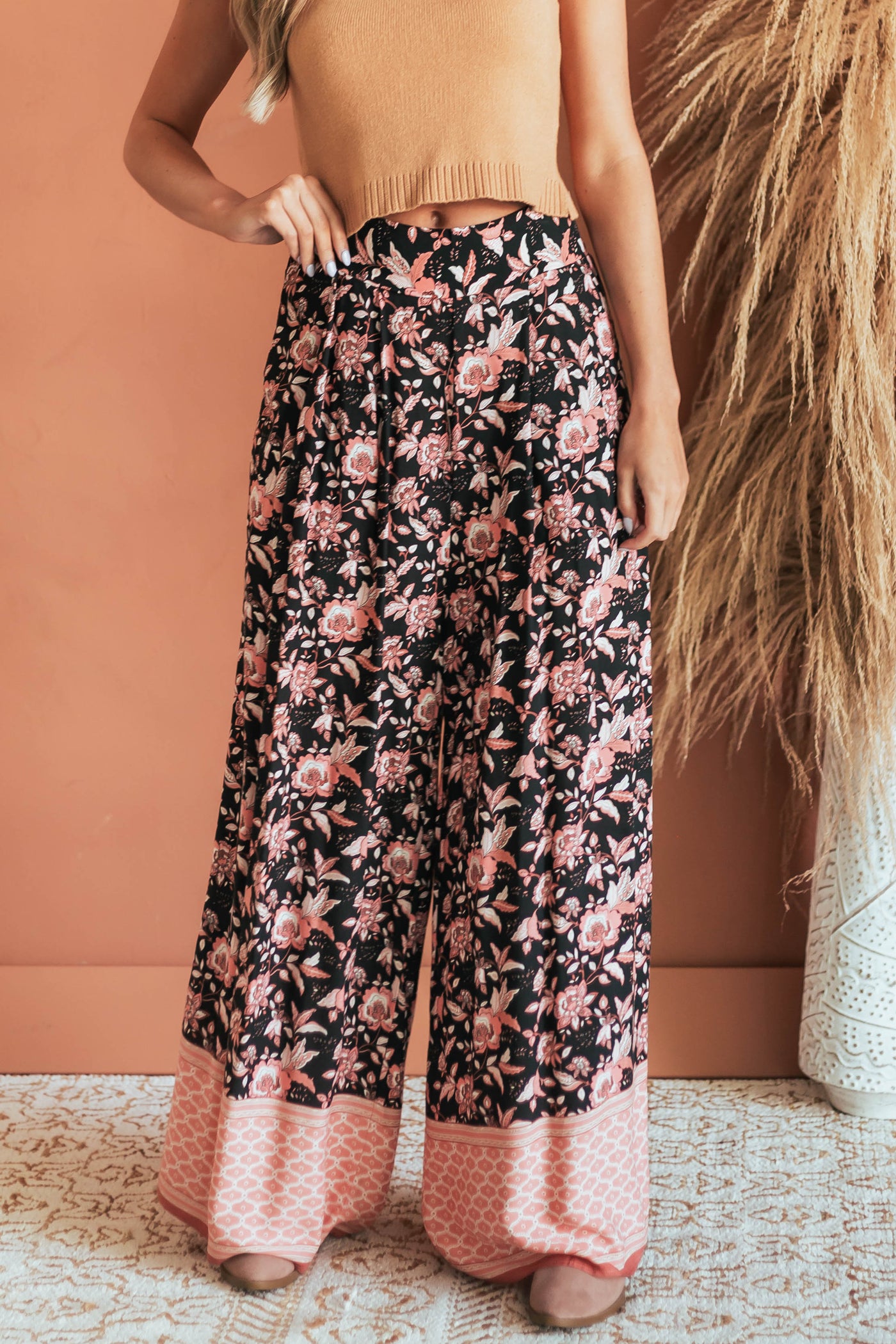 Black Floral Smocked Waist Flowy Leg Pants