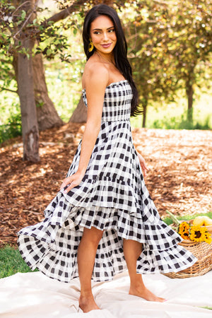 Black Gingham Smocked Strapless High Low Dress
