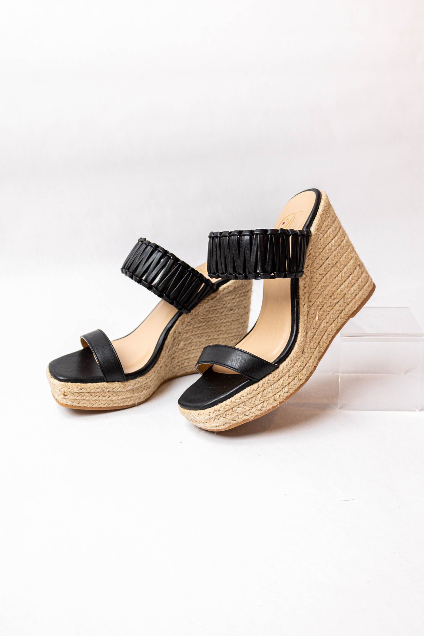 Black Leather Interlaced Strap Espadrille Wedge