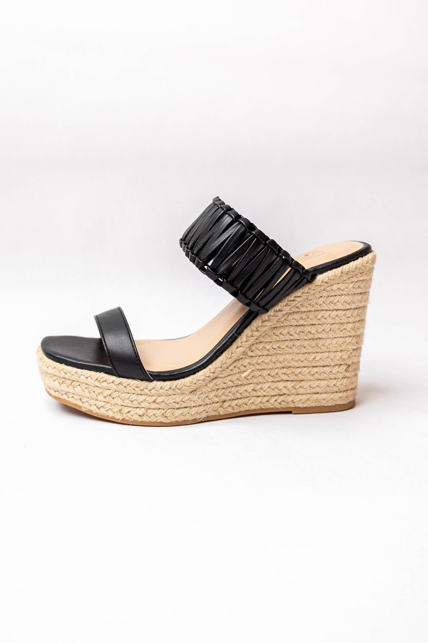 Black Leather Interlaced Strap Espadrille Wedge