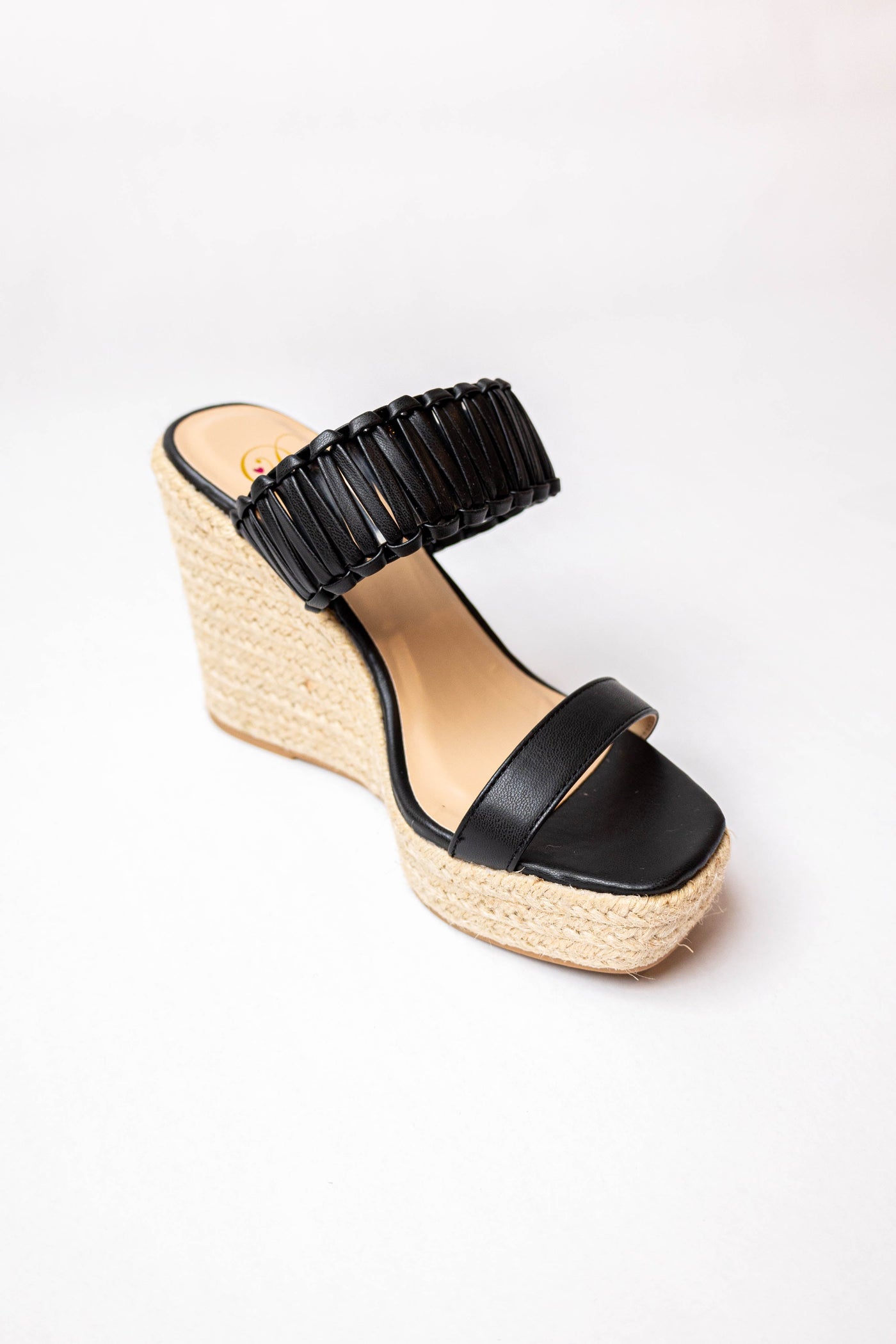 Black Leather Interlaced Strap Espadrille Wedge