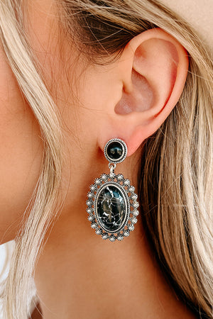 Black Marbled Oval Drop Earrings