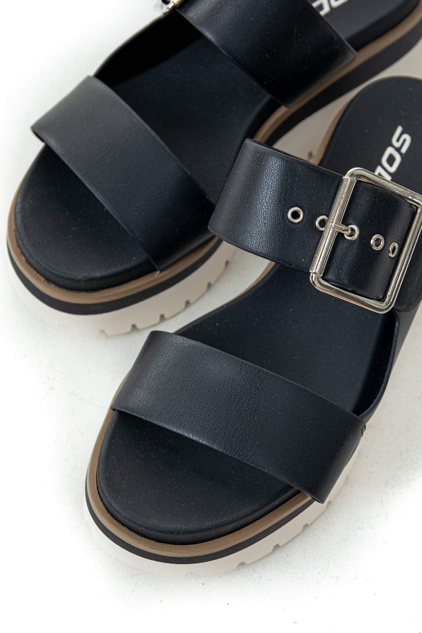 Black Platform Silver Buckle Strap Slip On Sandals