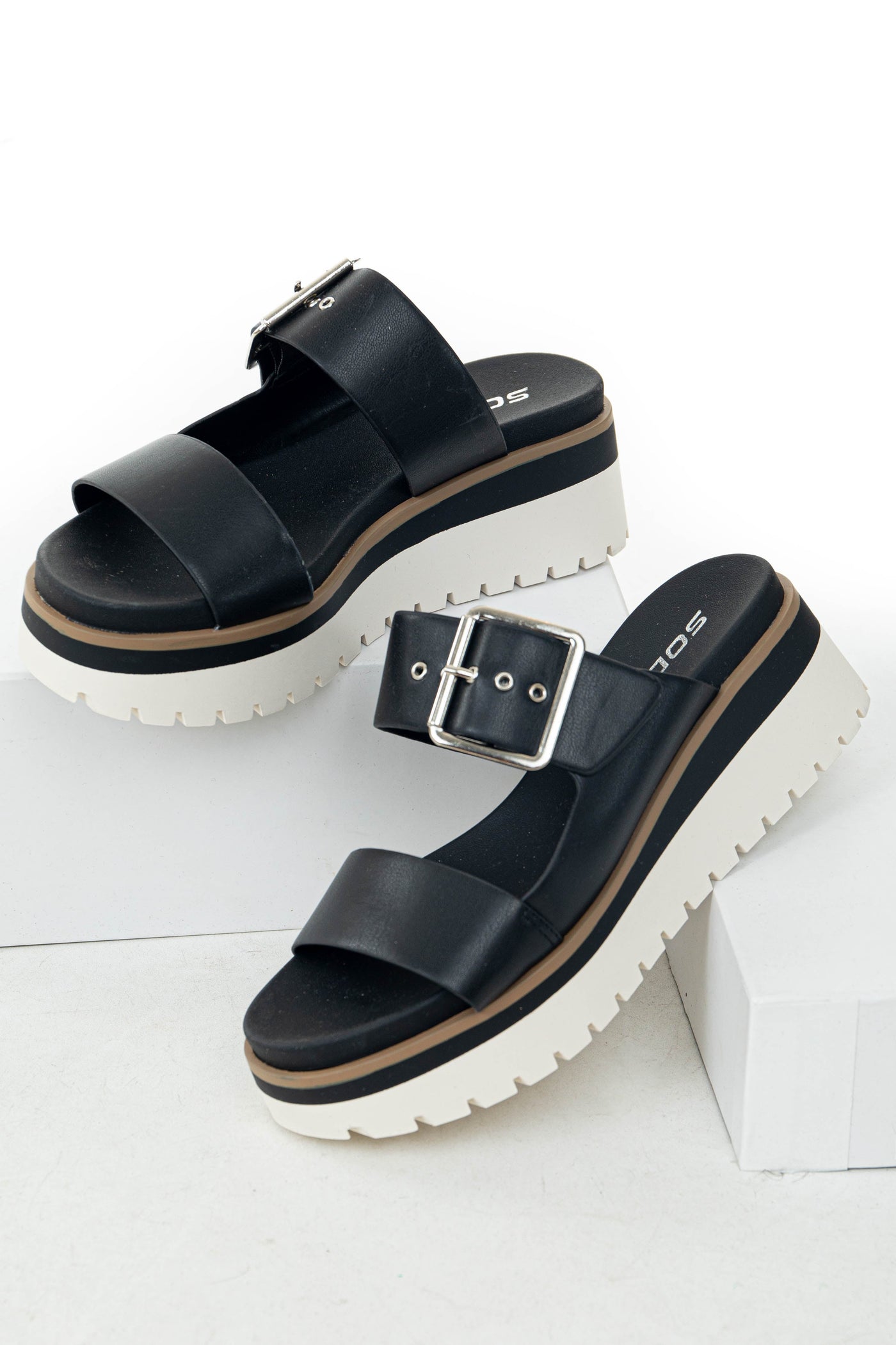 Black Platform Silver Buckle Strap Slip On Sandals