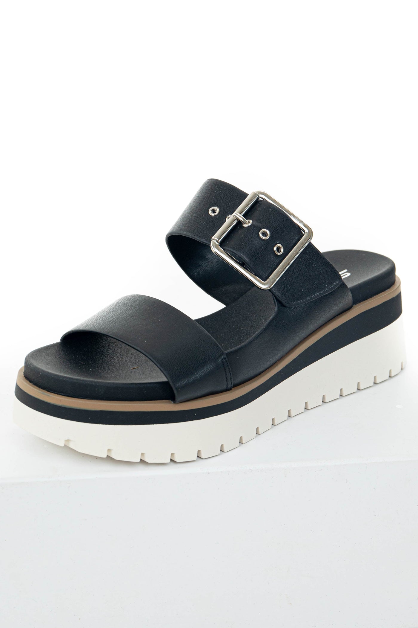 Black Platform Silver Buckle Strap Slip On Sandals