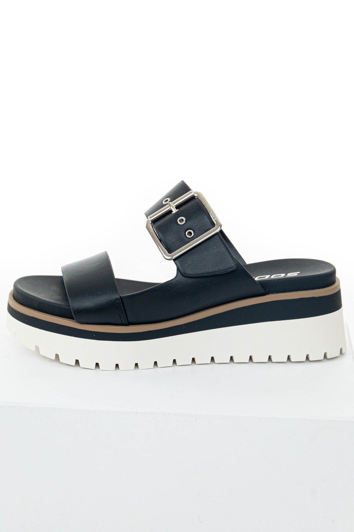 Black Platform Silver Buckle Strap Slip On Sandals