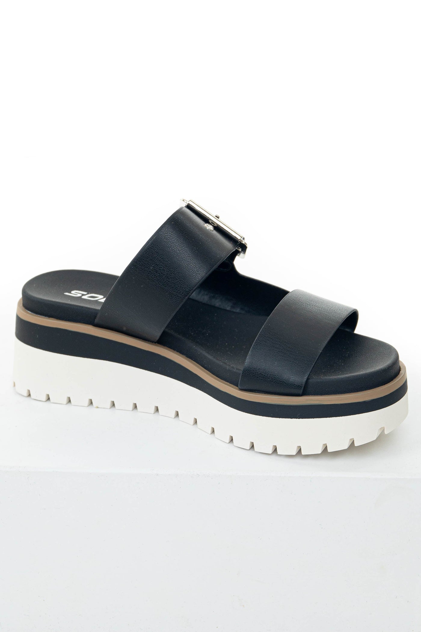 Black Platform Silver Buckle Strap Slip On Sandals