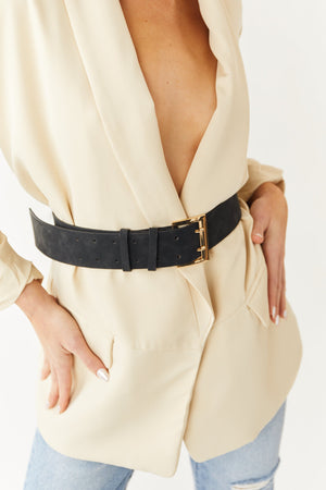 Black Pleather Belt with Double Prong Buckle