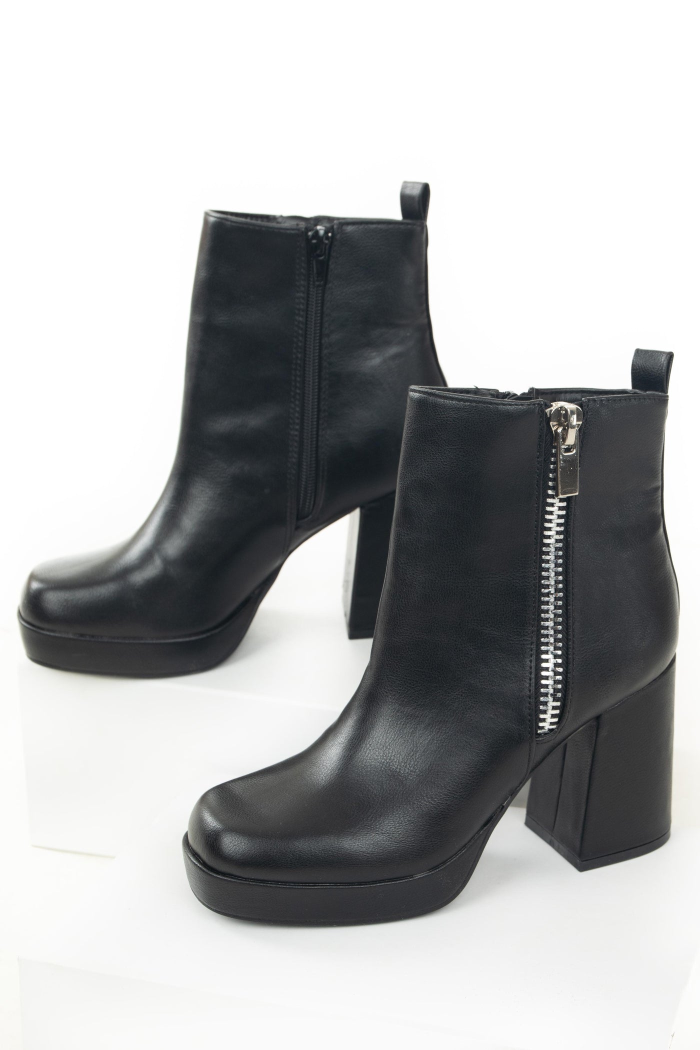 Black Pleather Chunky Heel Platform Booties
