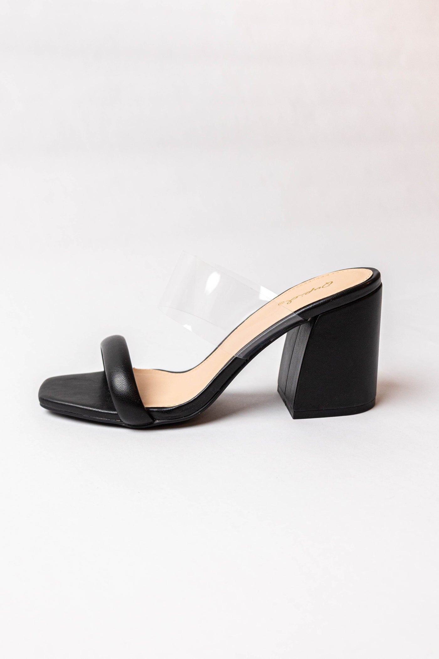 Black Pleather Dual Band Slip On Square Toe Heels
