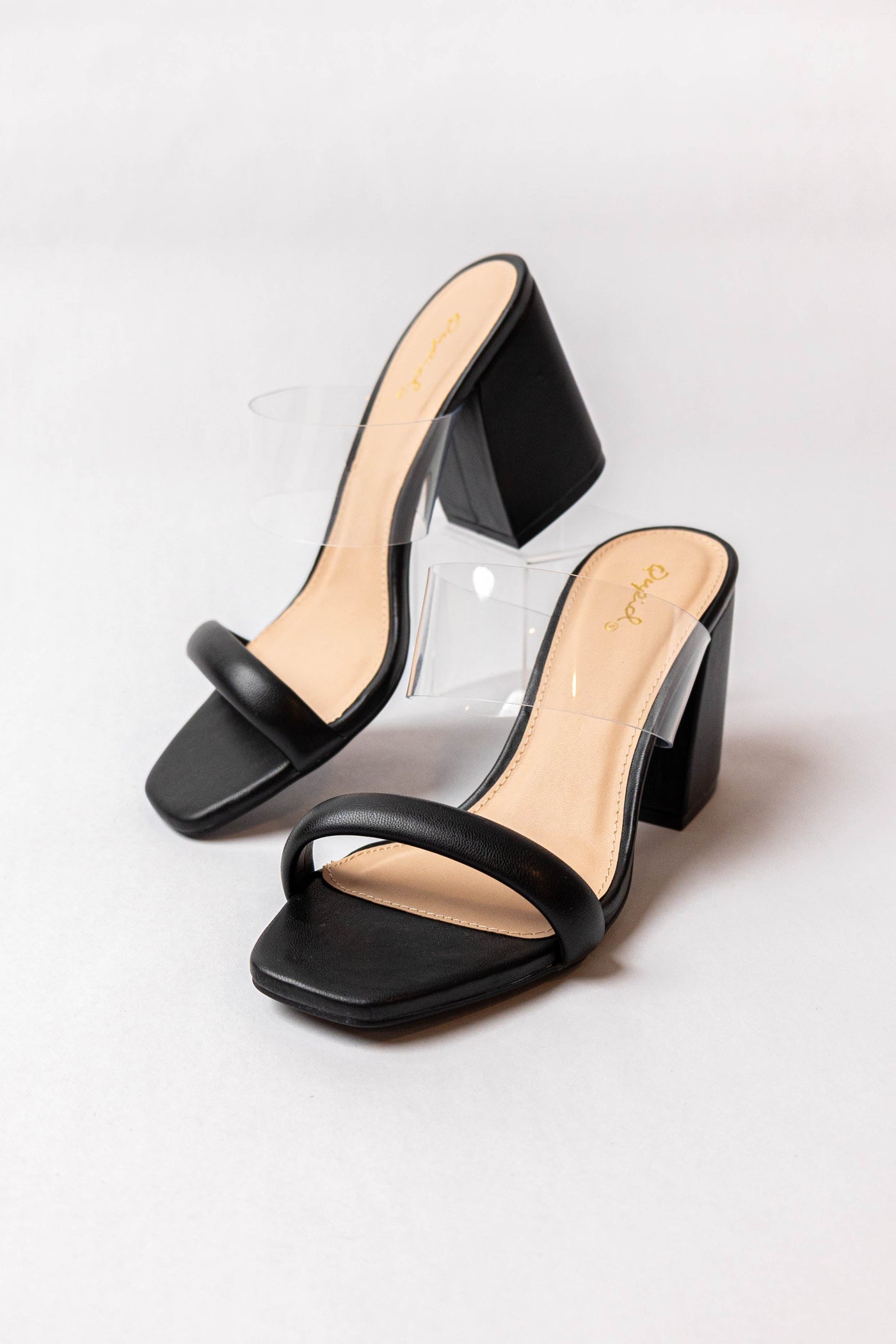 Black Pleather Dual Band Slip On Square Toe Heels