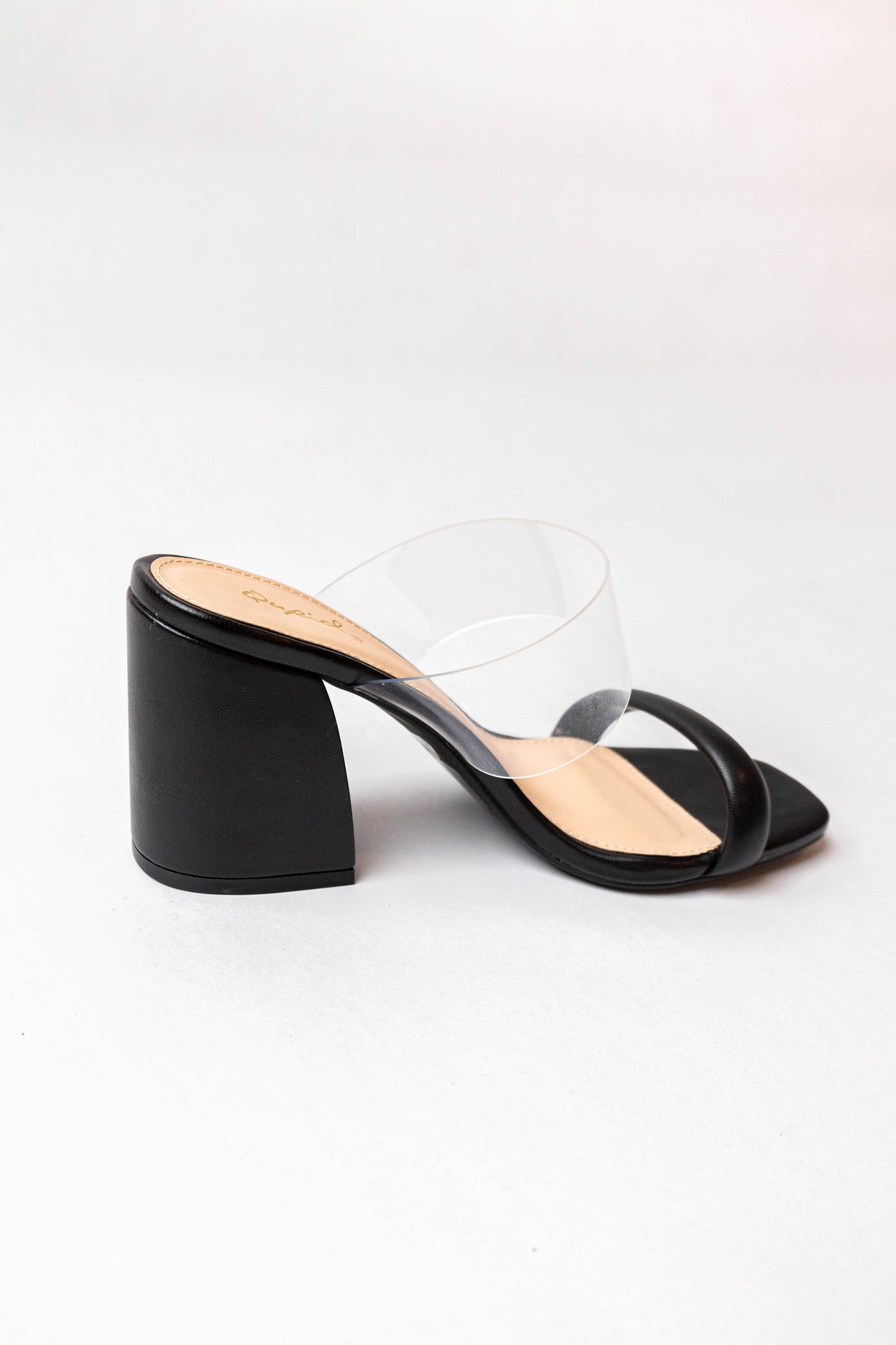 Black Pleather Dual Band Slip On Square Toe Heels