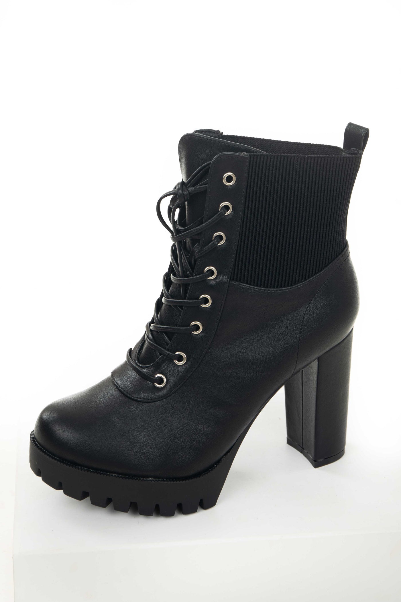 Black Pleather Lace Up Elastic Panel Combat Boots