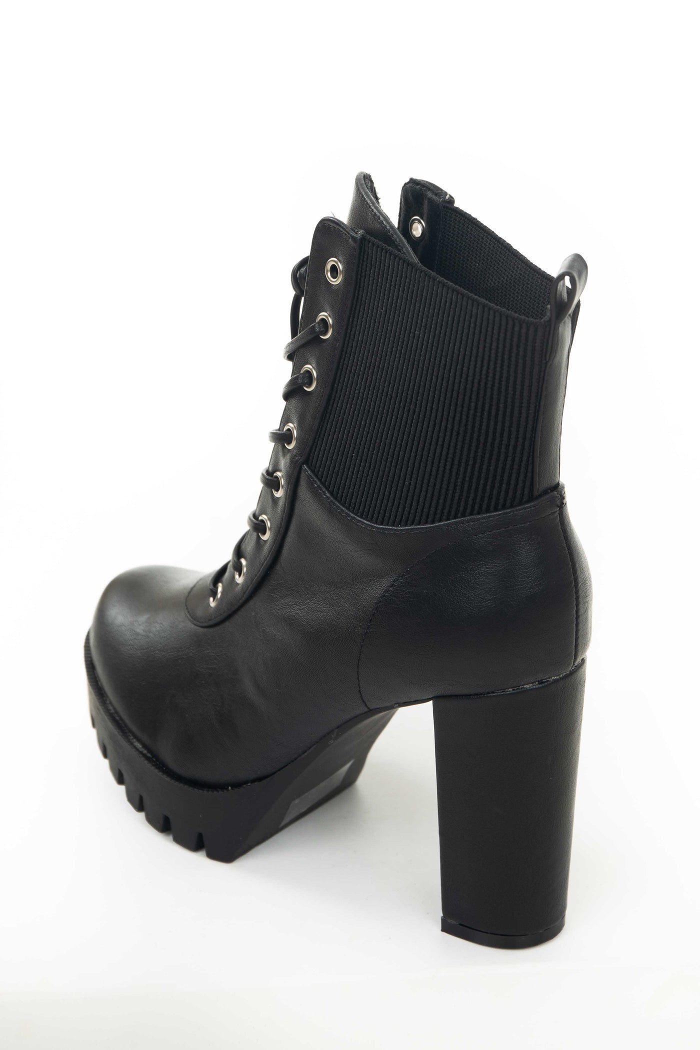 Black Pleather Lace Up Elastic Panel Combat Boots