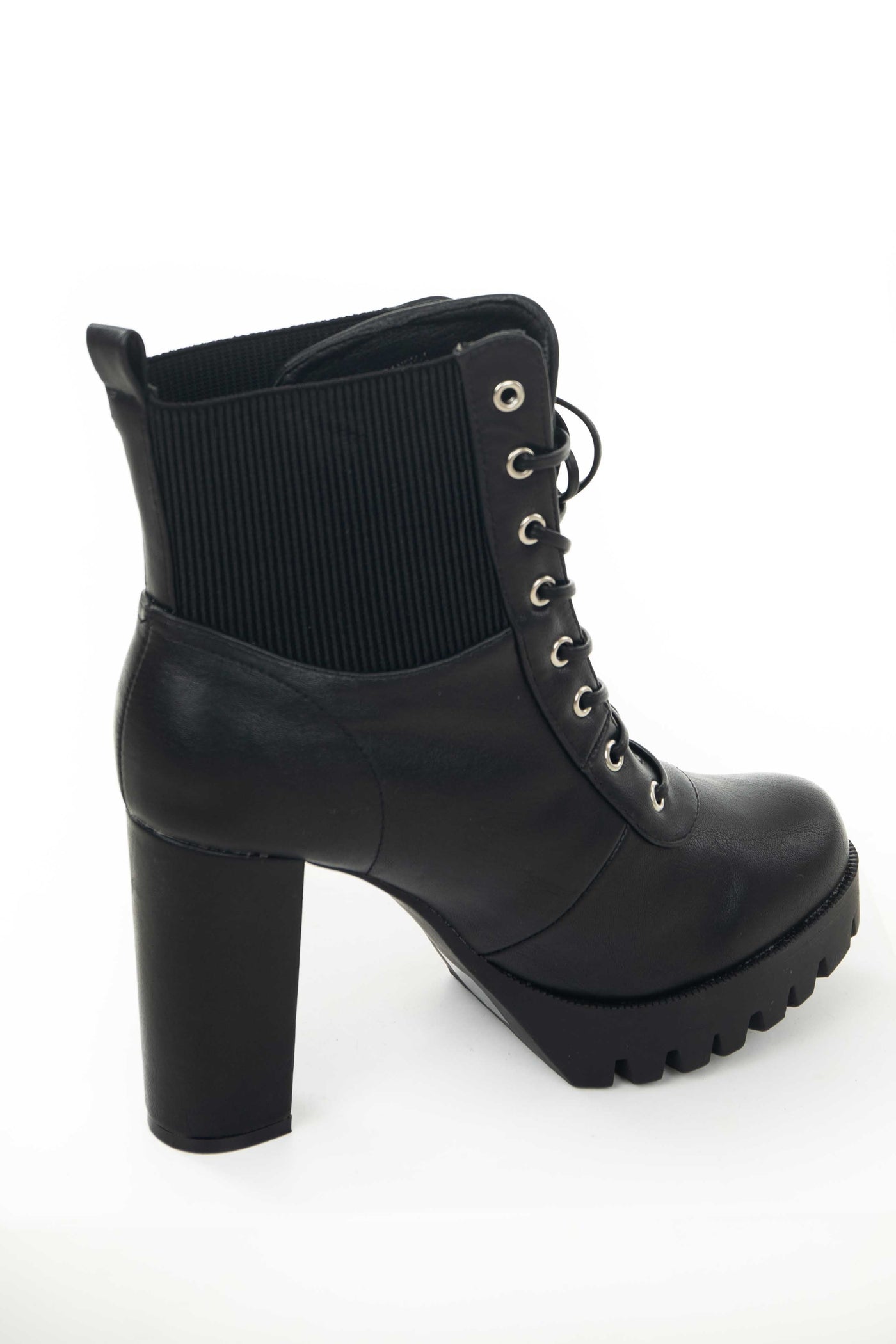 Black Pleather Lace Up Elastic Panel Combat Boots