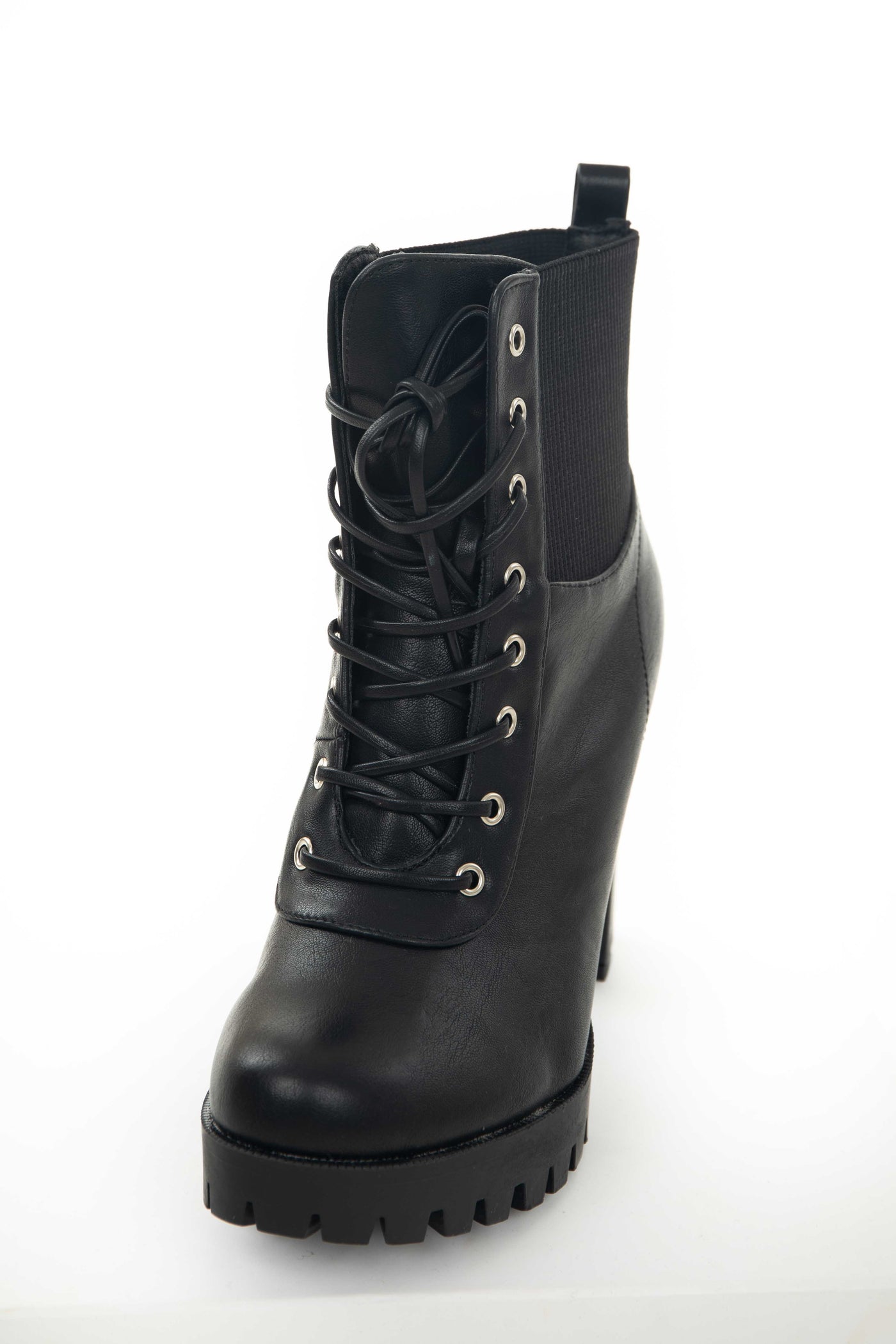 Black Pleather Lace Up Elastic Panel Combat Boots