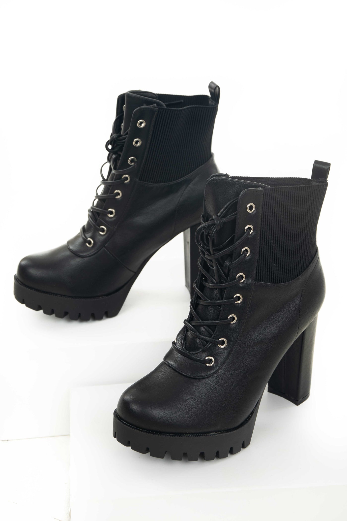 Black Pleather Lace Up Elastic Panel Combat Boots