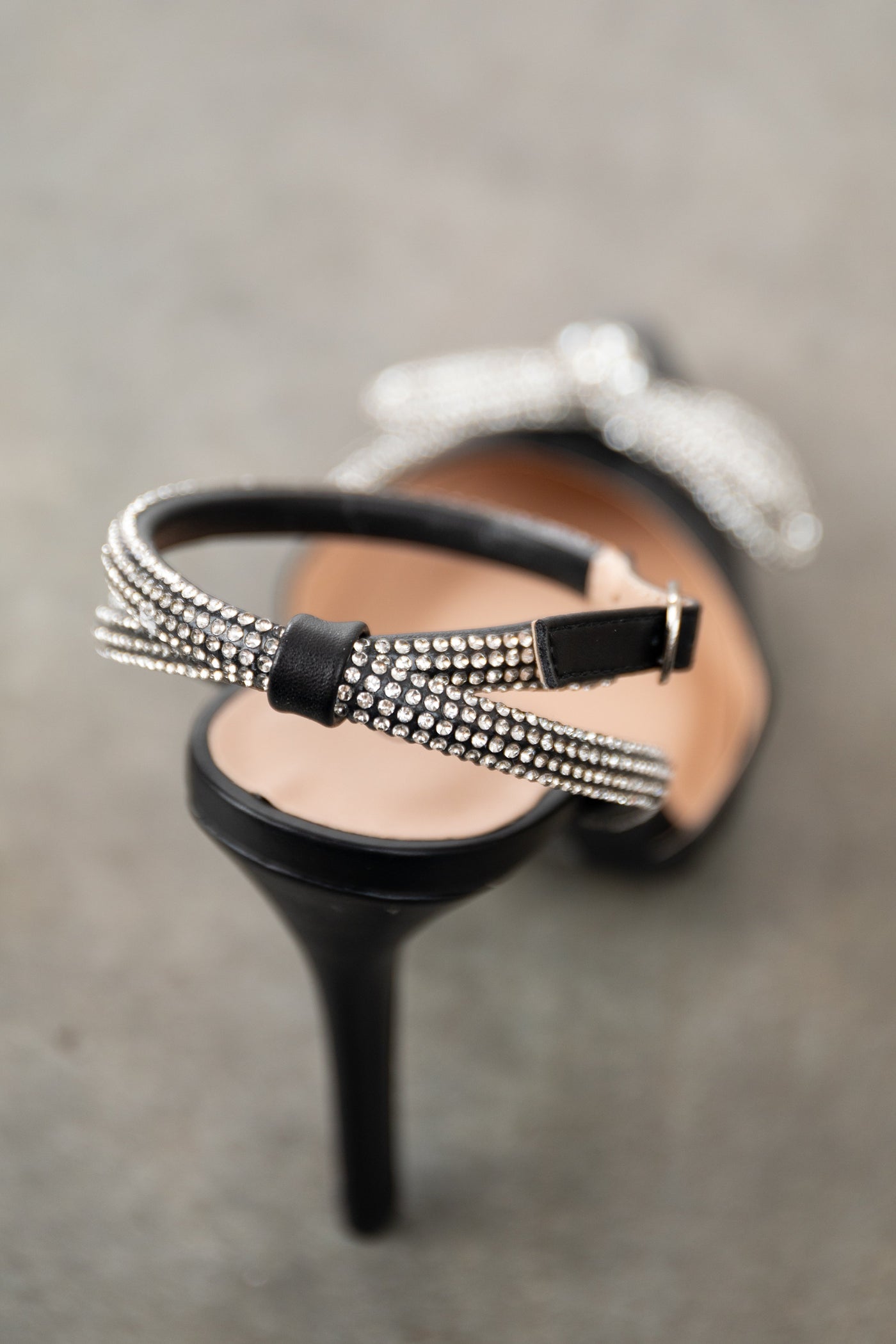 Black Pleather Rhinestone Bow Pointed Heels