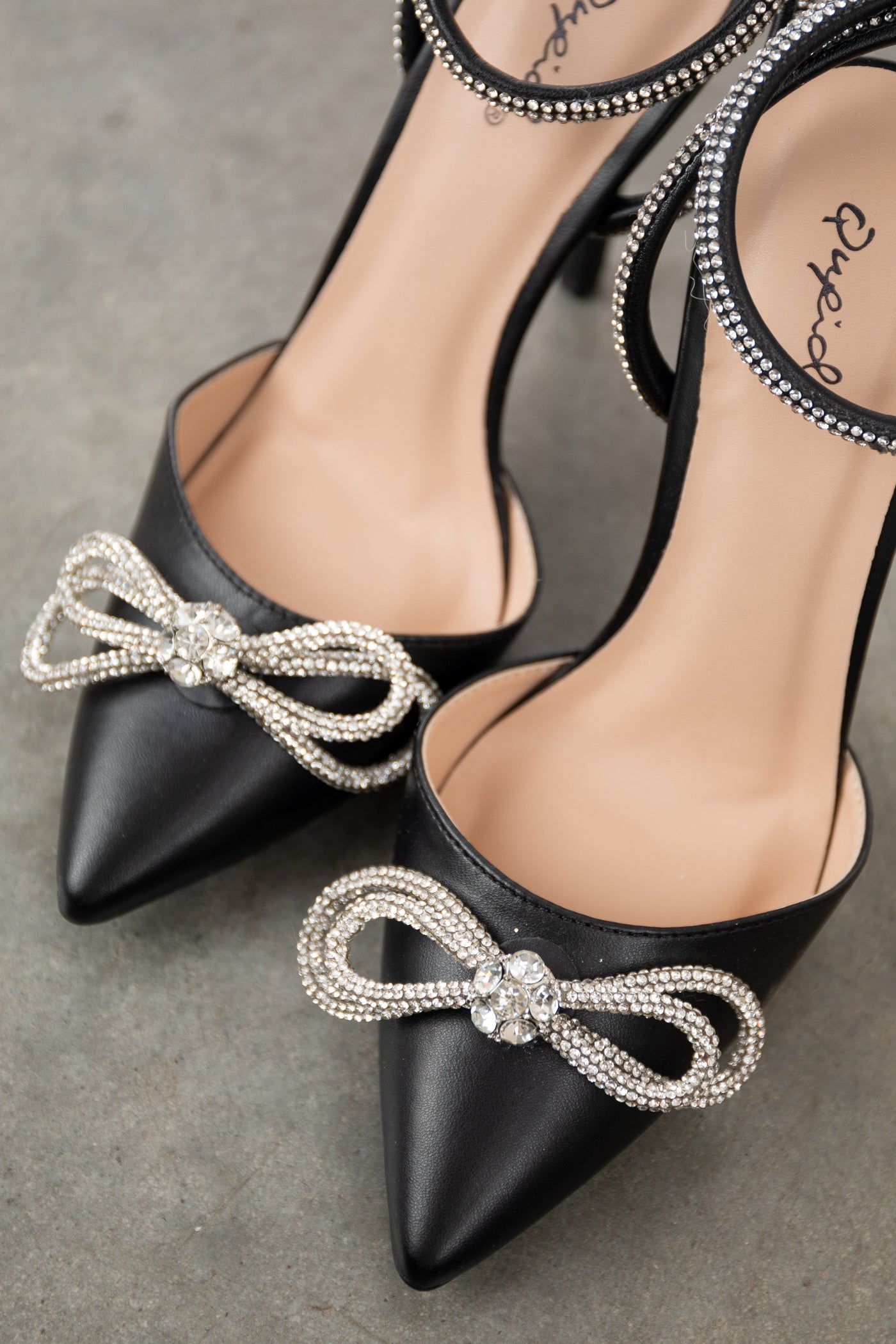 Black Pleather Rhinestone Bow Pointed Heels