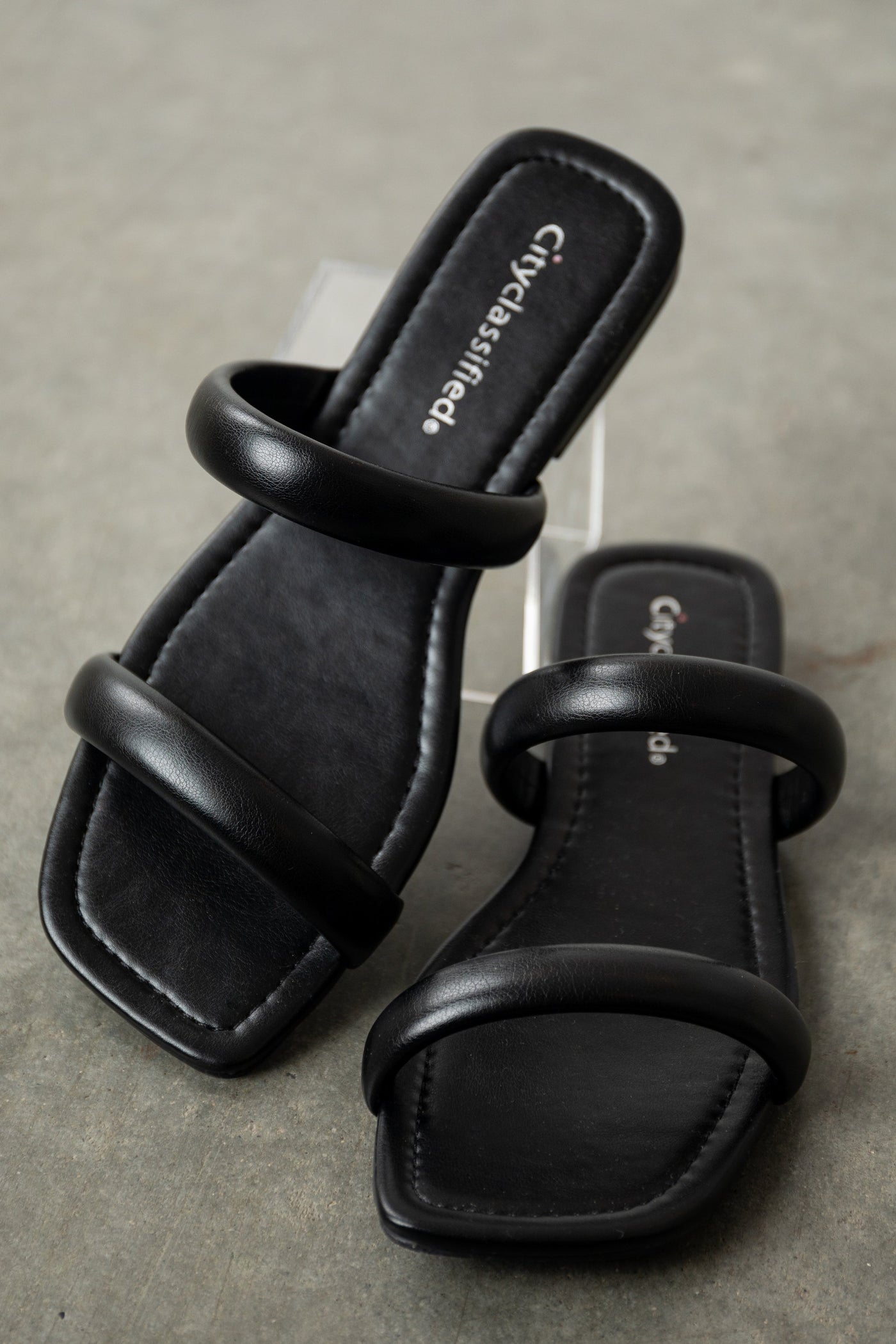 Black Pleather Square Toe Slip On Sandals