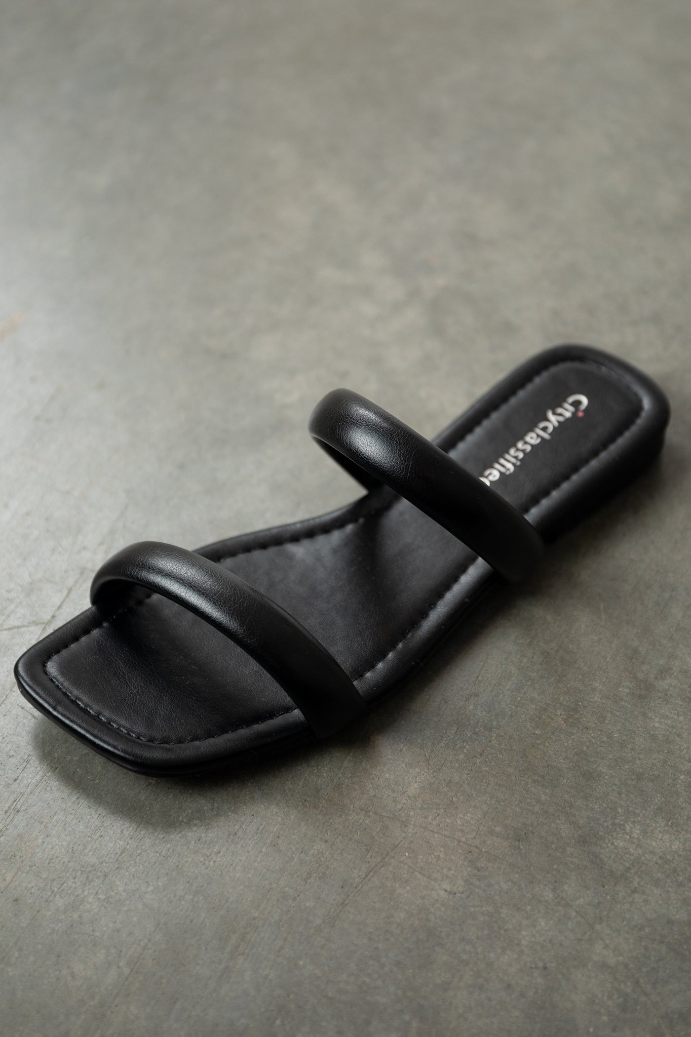 Black Pleather Square Toe Slip On Sandals