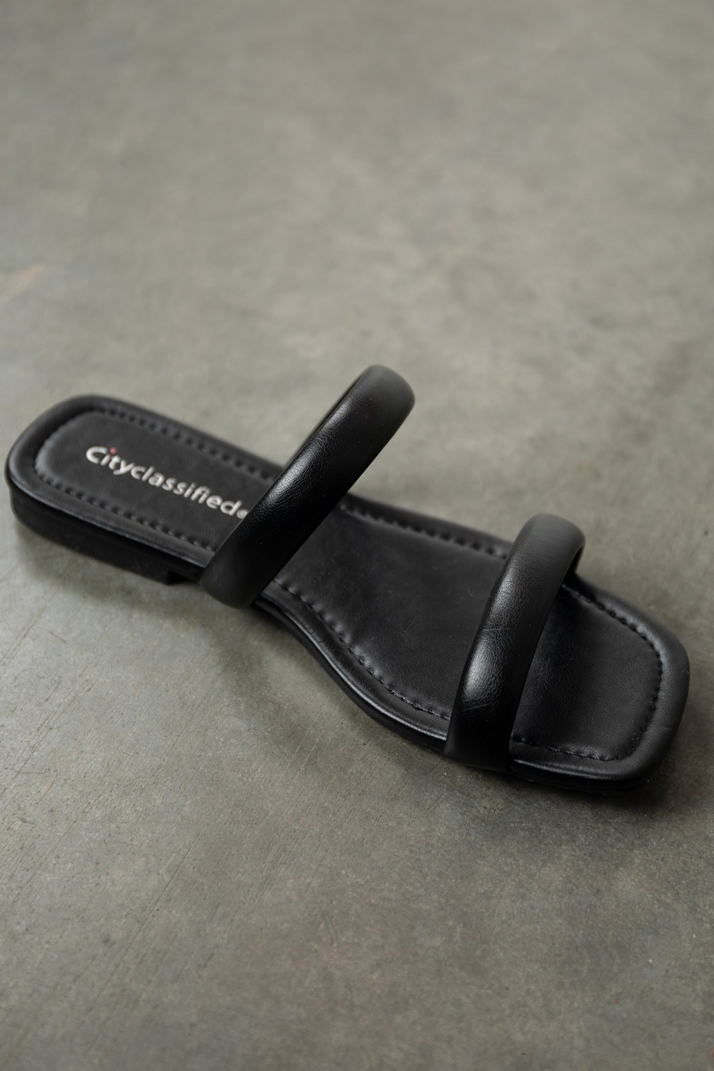 Black Pleather Square Toe Slip On Sandals