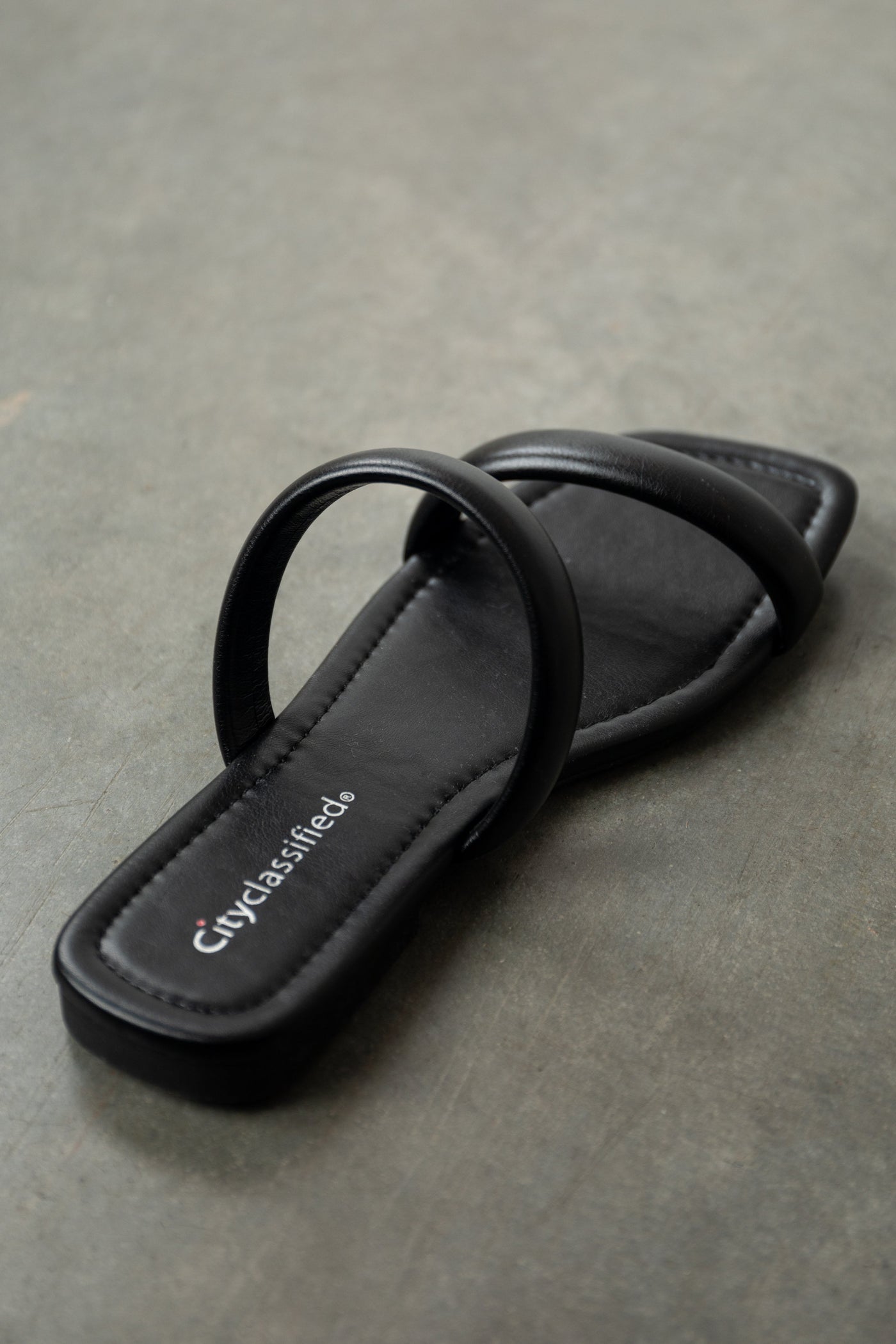 Black Pleather Square Toe Slip On Sandals