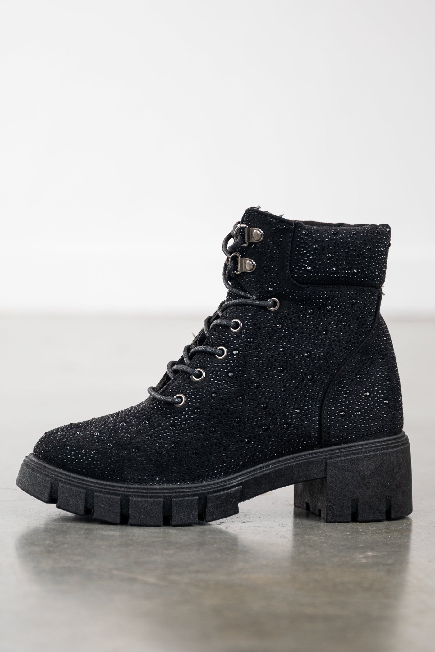 Black Rhinestone Studded Lace Up Lug Booties