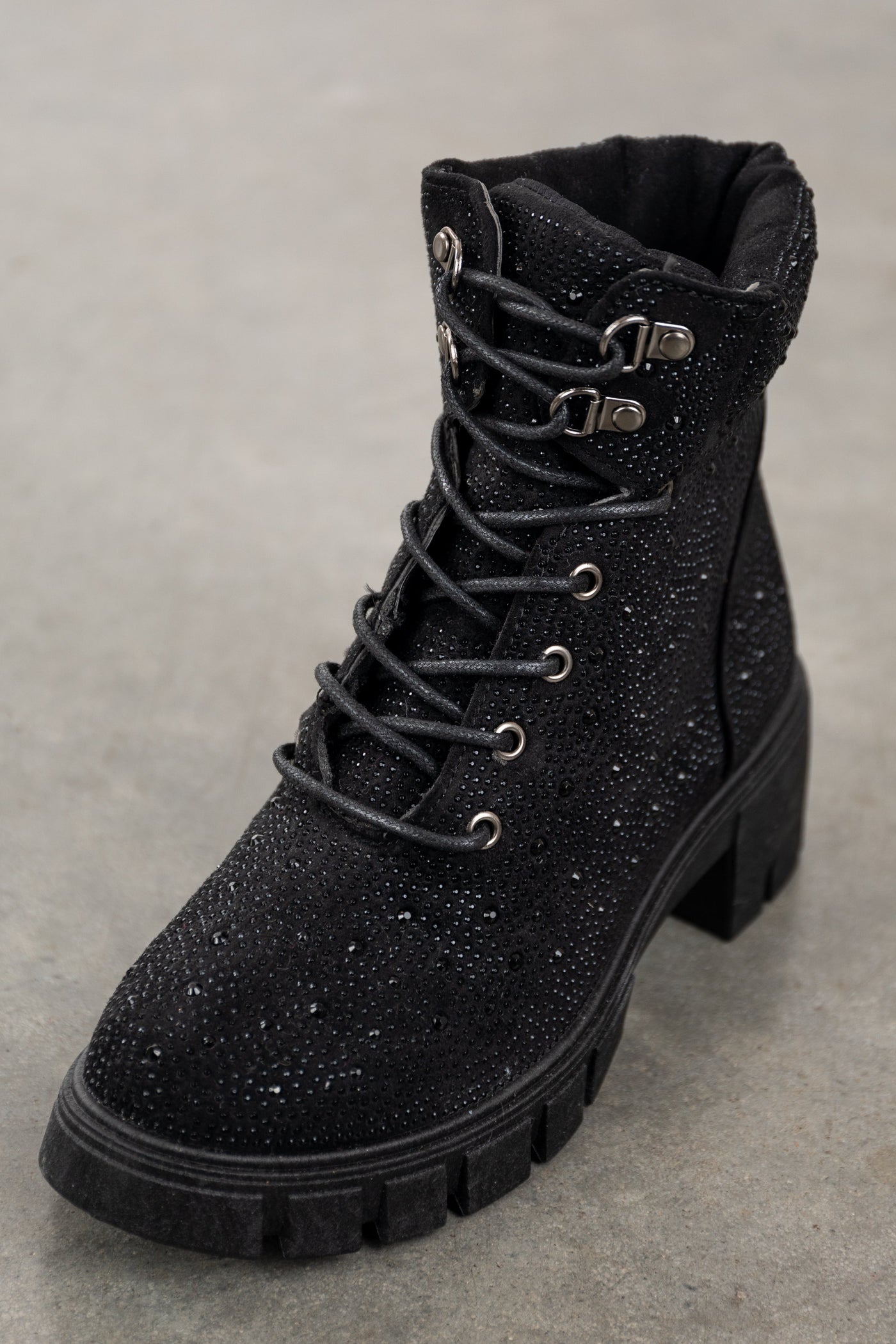 Black Rhinestone Studded Lace Up Lug Booties