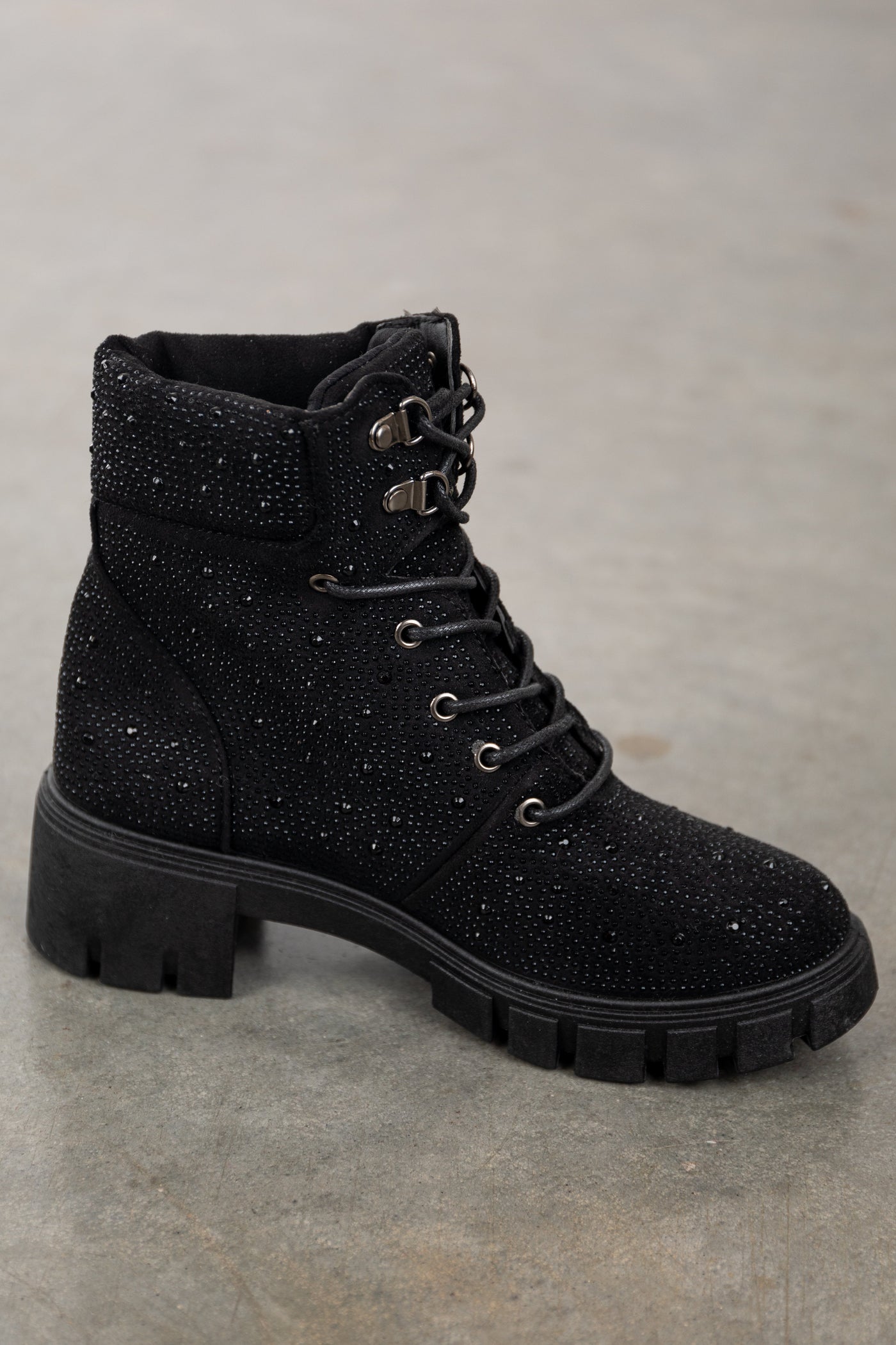 Black Rhinestone Studded Lace Up Lug Booties