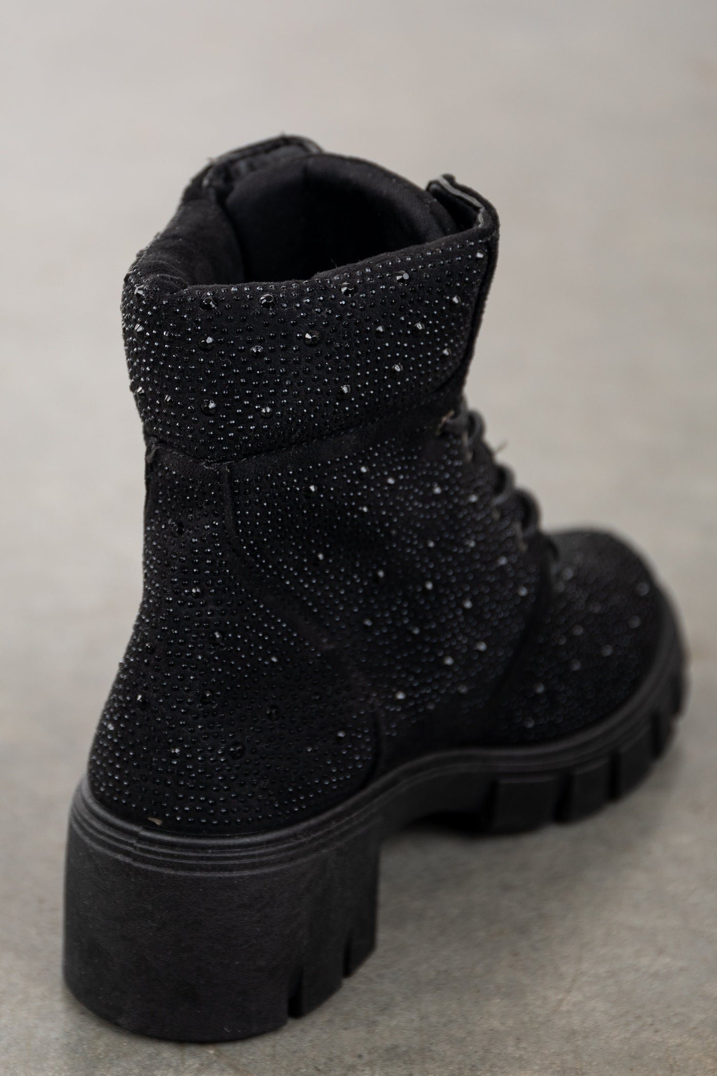 Black Rhinestone Studded Lace Up Lug Booties