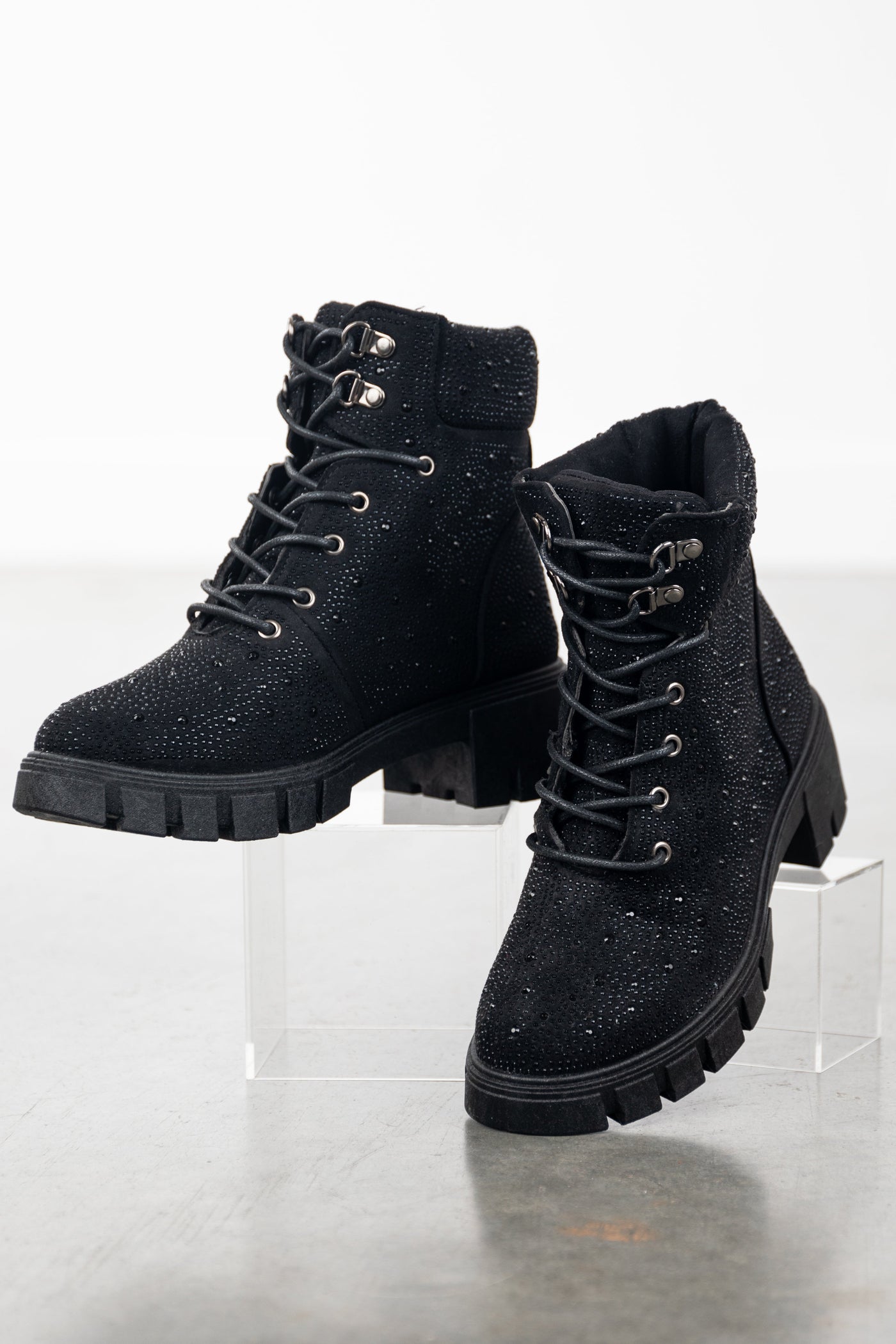 Black Rhinestone Studded Lace Up Lug Booties