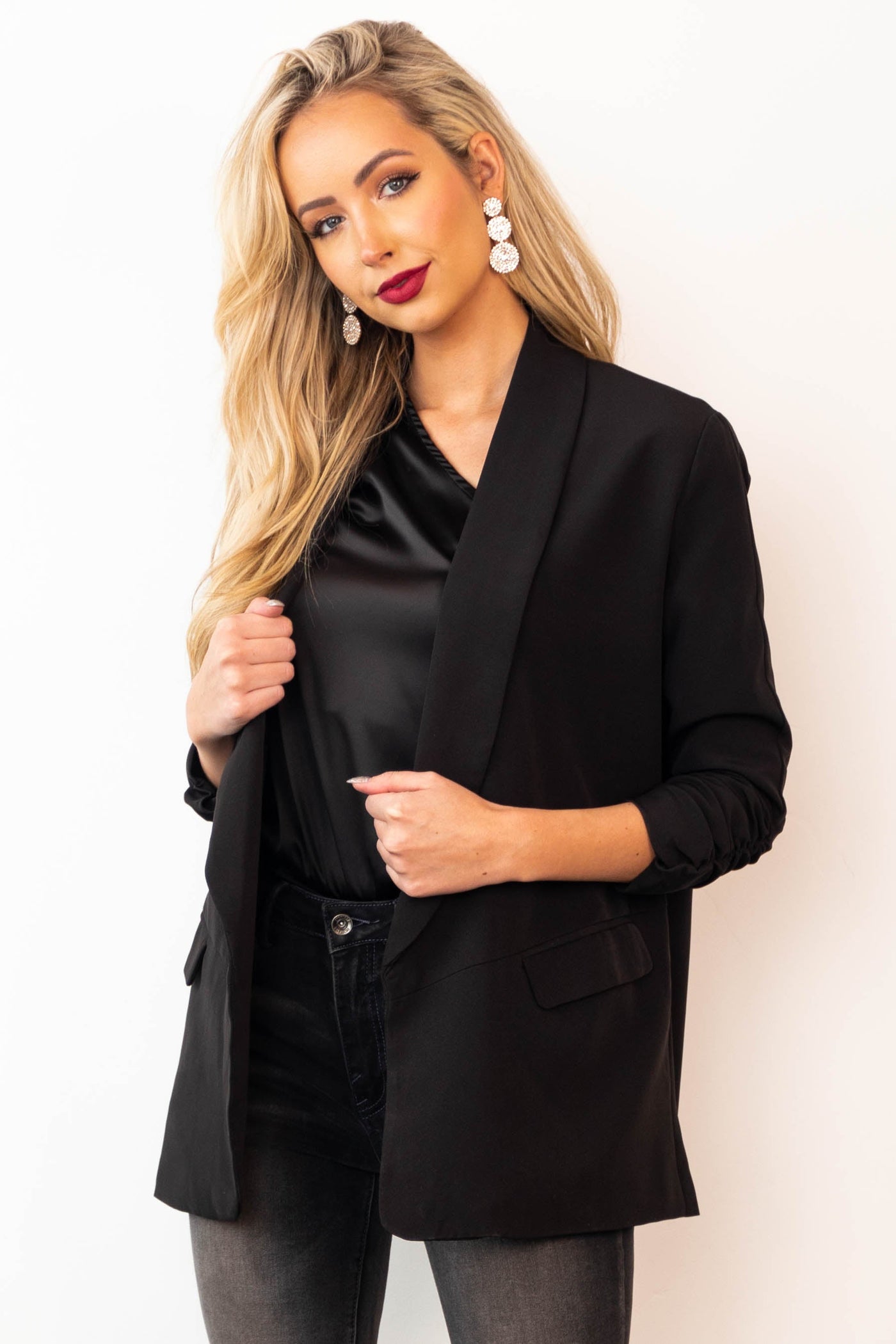Black Ruched Sleeve Pouch Pocket Blazer
