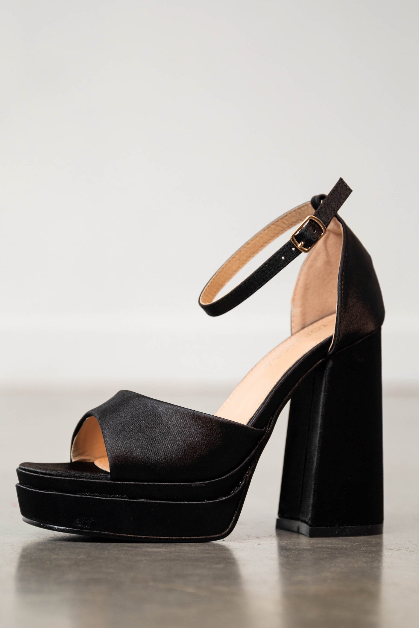 Black Satin Platform Square Toe Chunky Heels