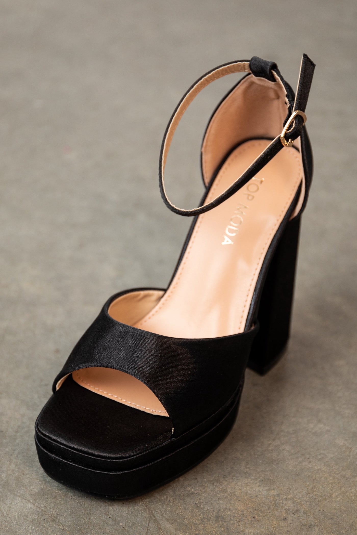 Black Satin Platform Square Toe Chunky Heels