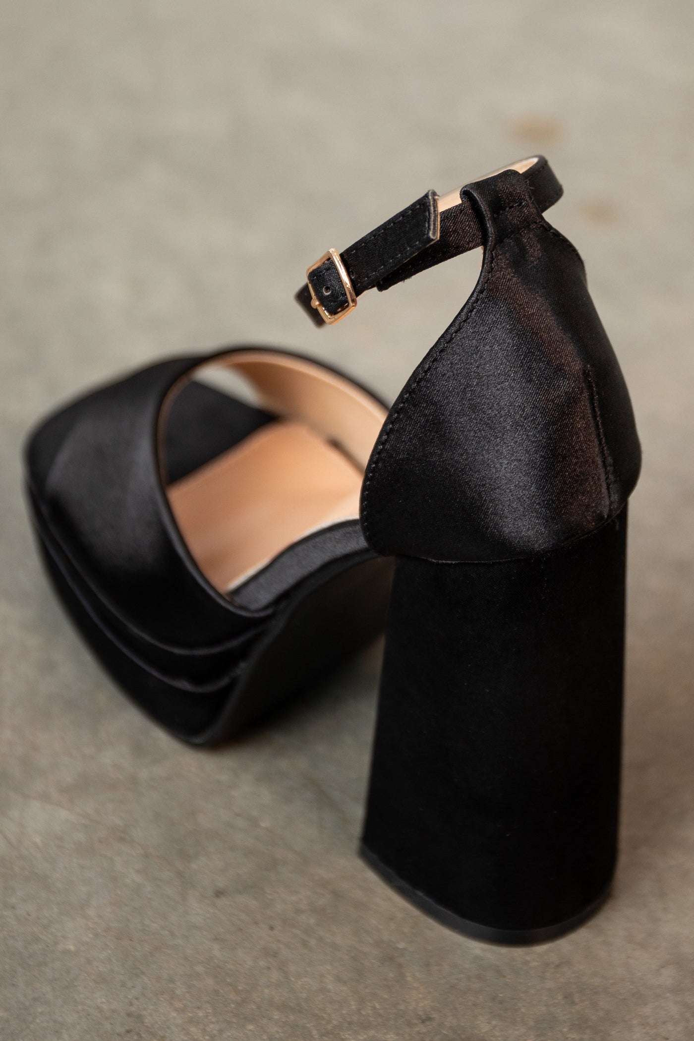 Black Satin Platform Square Toe Chunky Heels