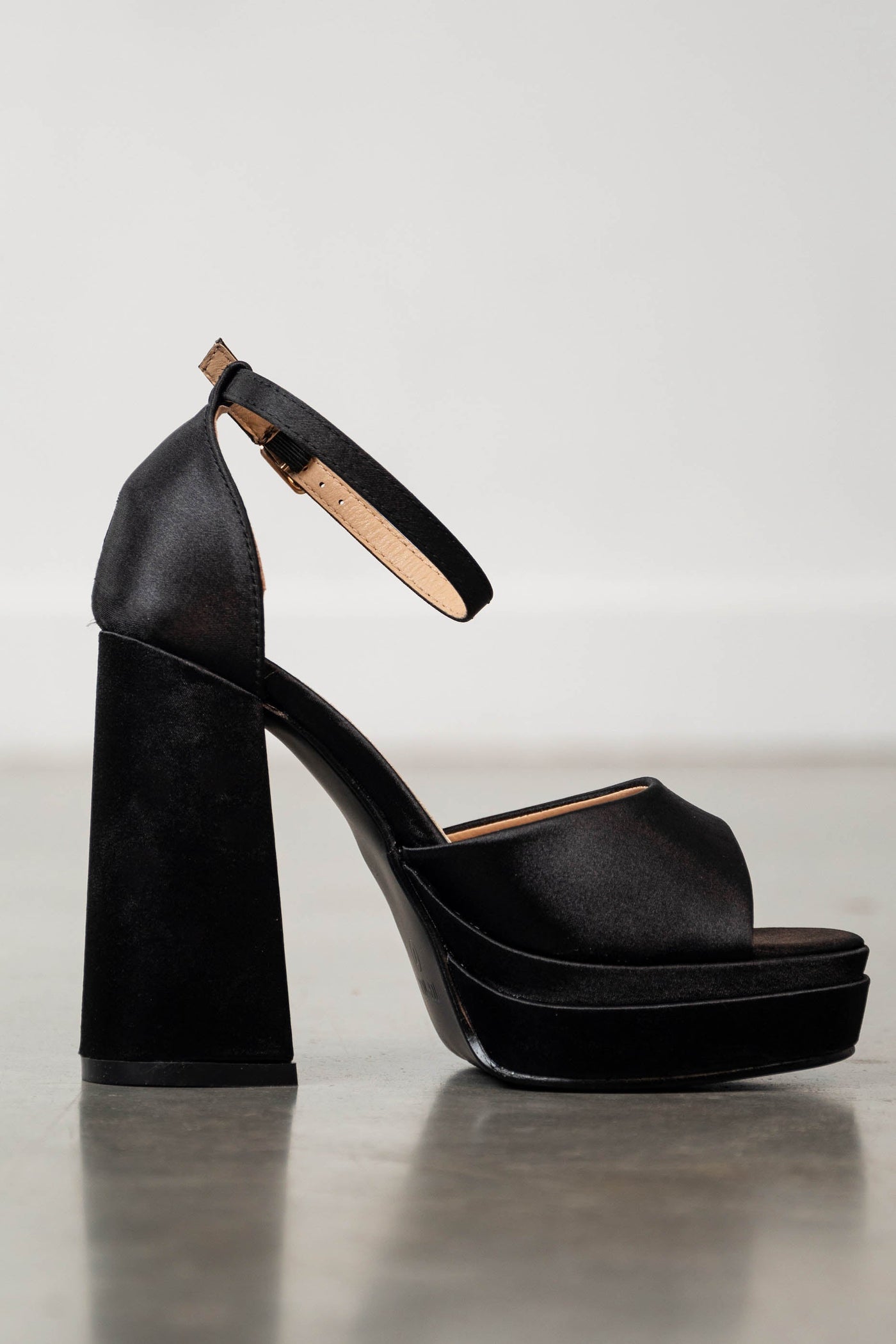Black Satin Platform Square Toe Chunky Heels
