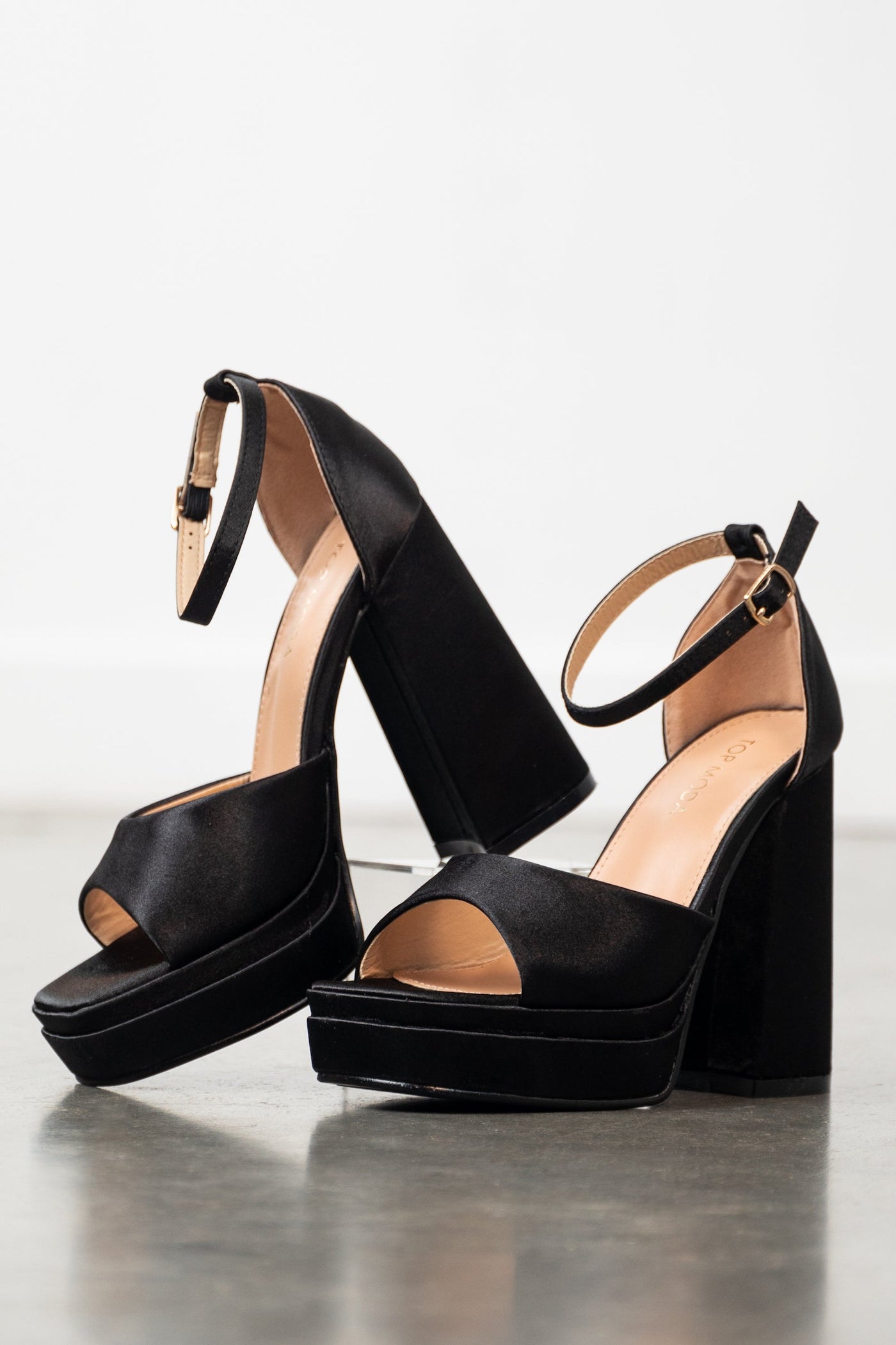 Black Satin Platform Square Toe Chunky Heels