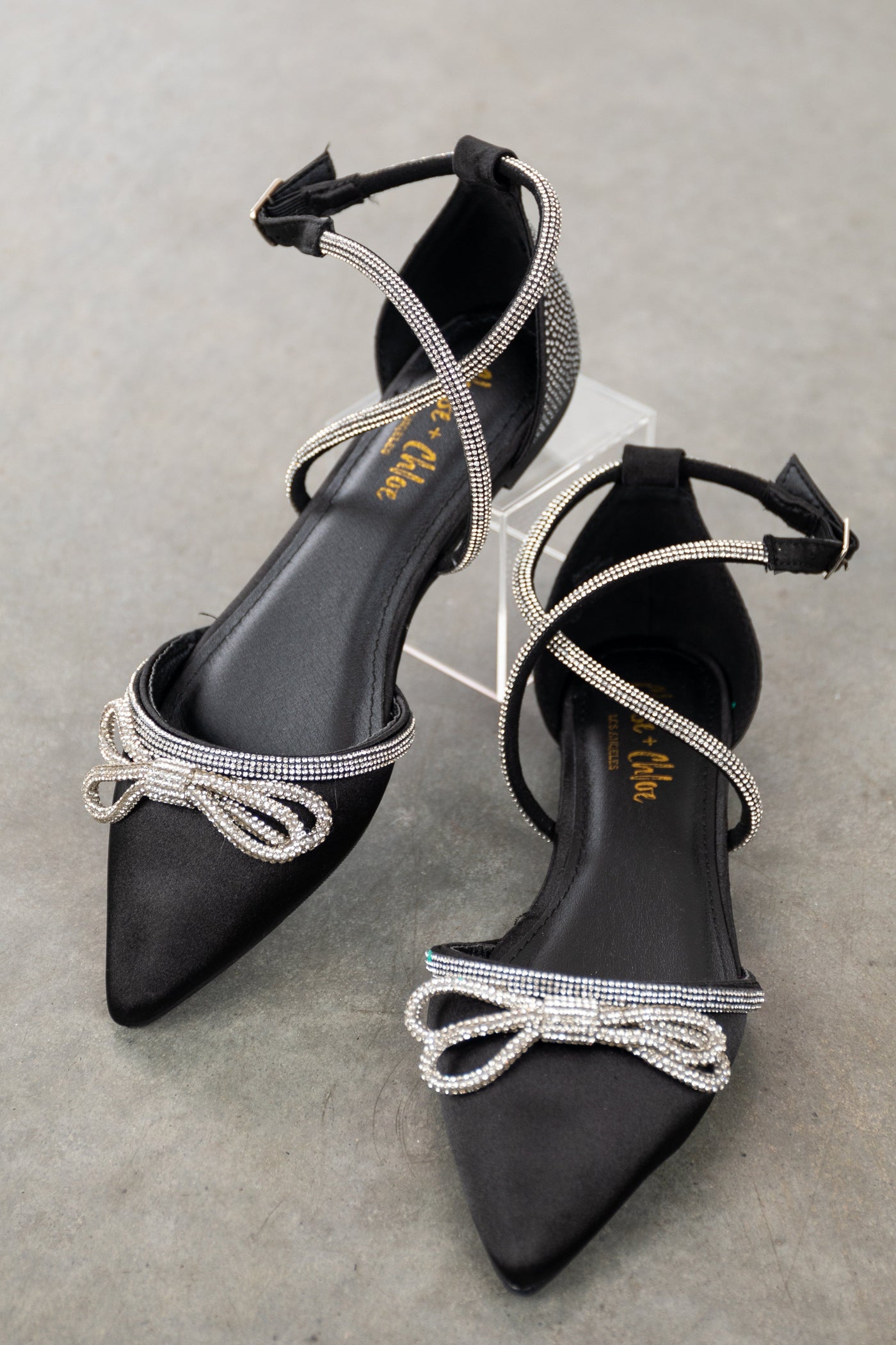 Black Satin Rhinestone Bow Pointed Toe Flats