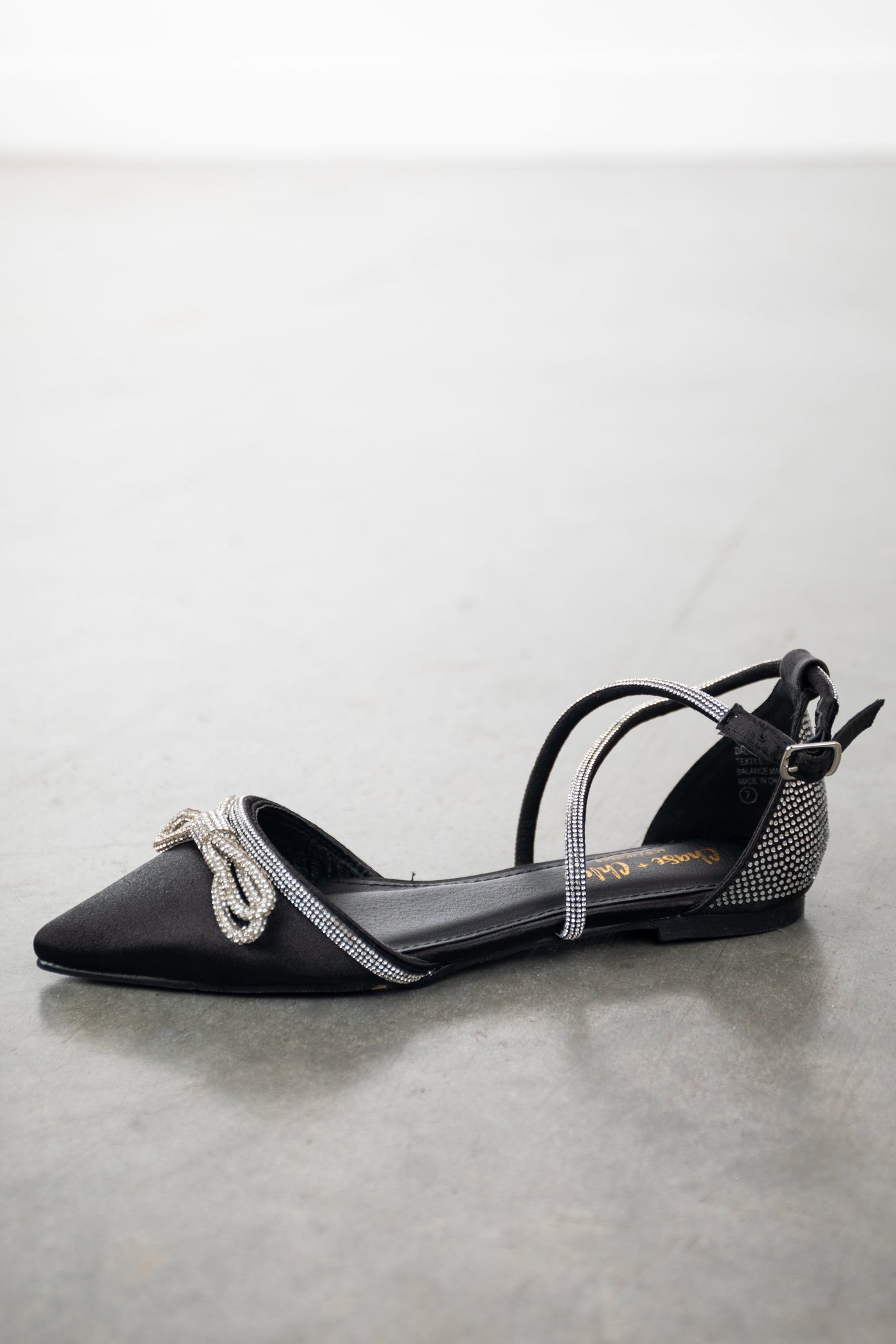 Black Satin Rhinestone Bow Pointed Toe Flats