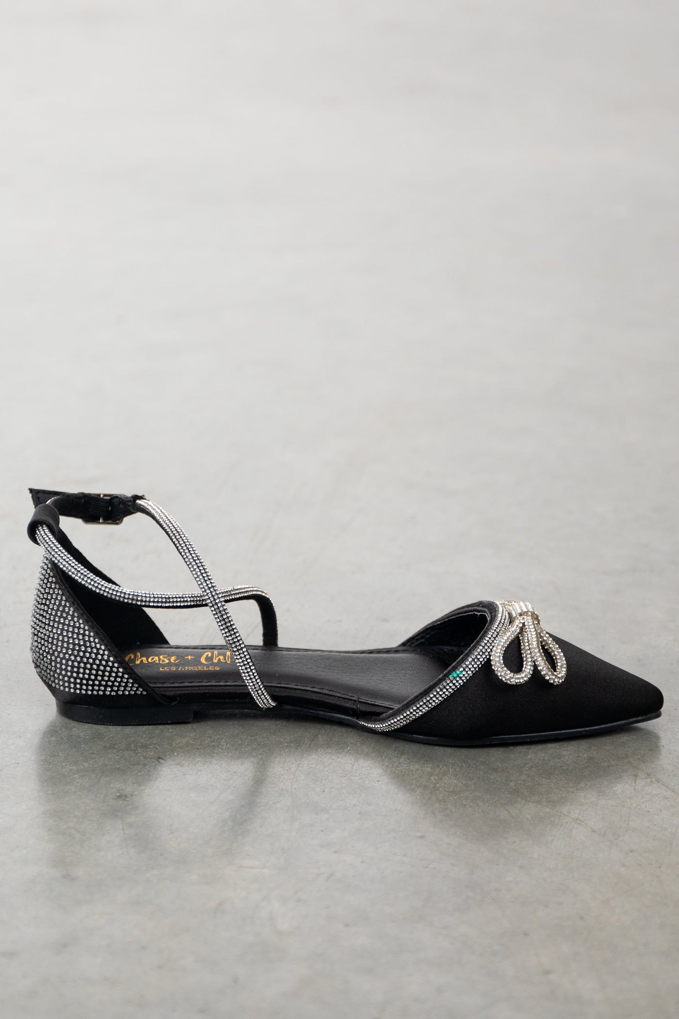 Black Satin Rhinestone Bow Pointed Toe Flats
