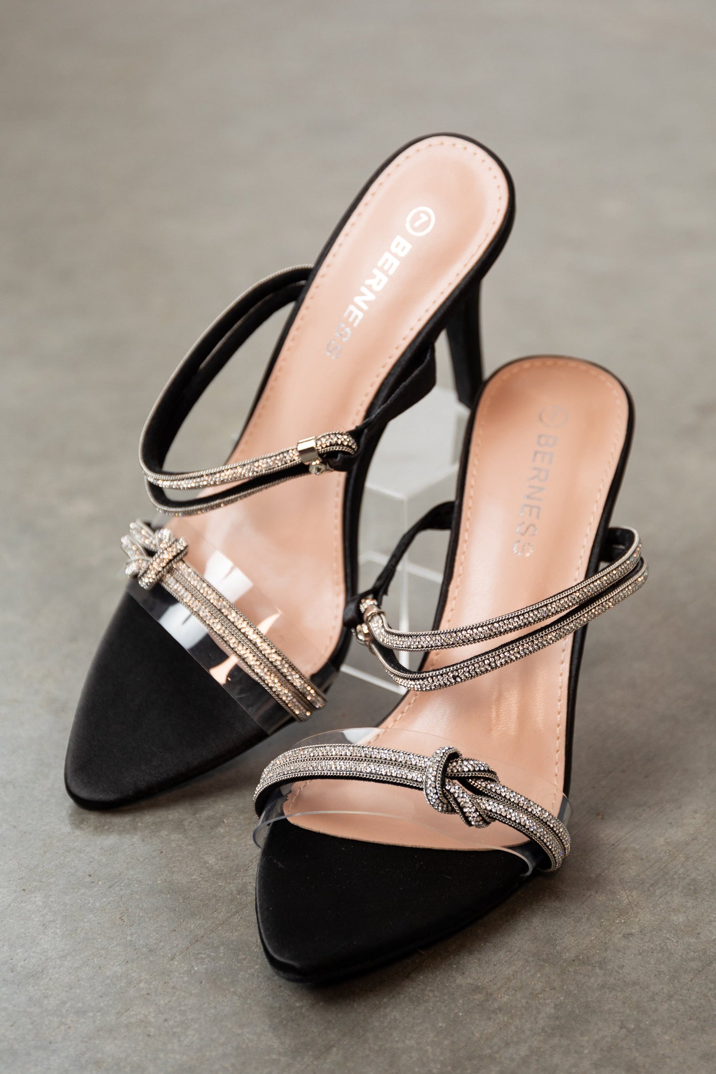 Black Satin Rhinestone Strap Pointed Heels