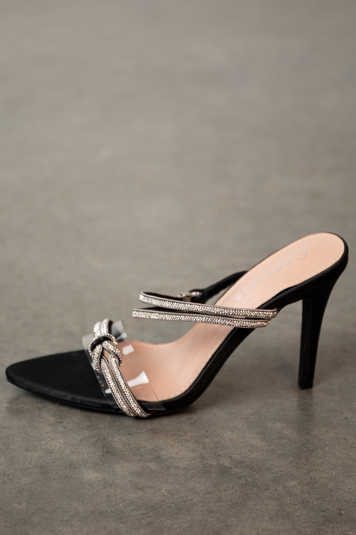 Black Satin Rhinestone Strap Pointed Heels
