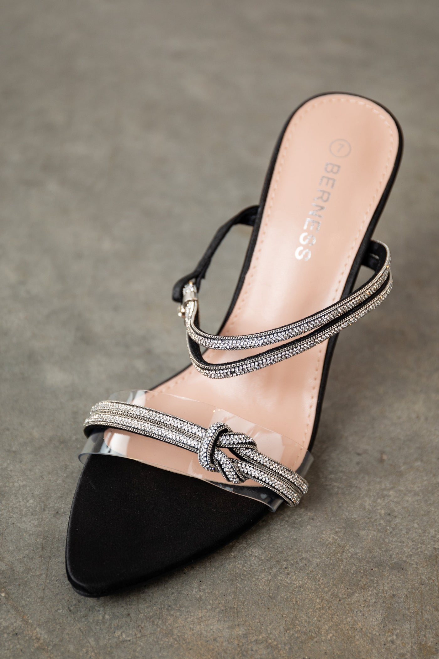 Black Satin Rhinestone Strap Pointed Heels