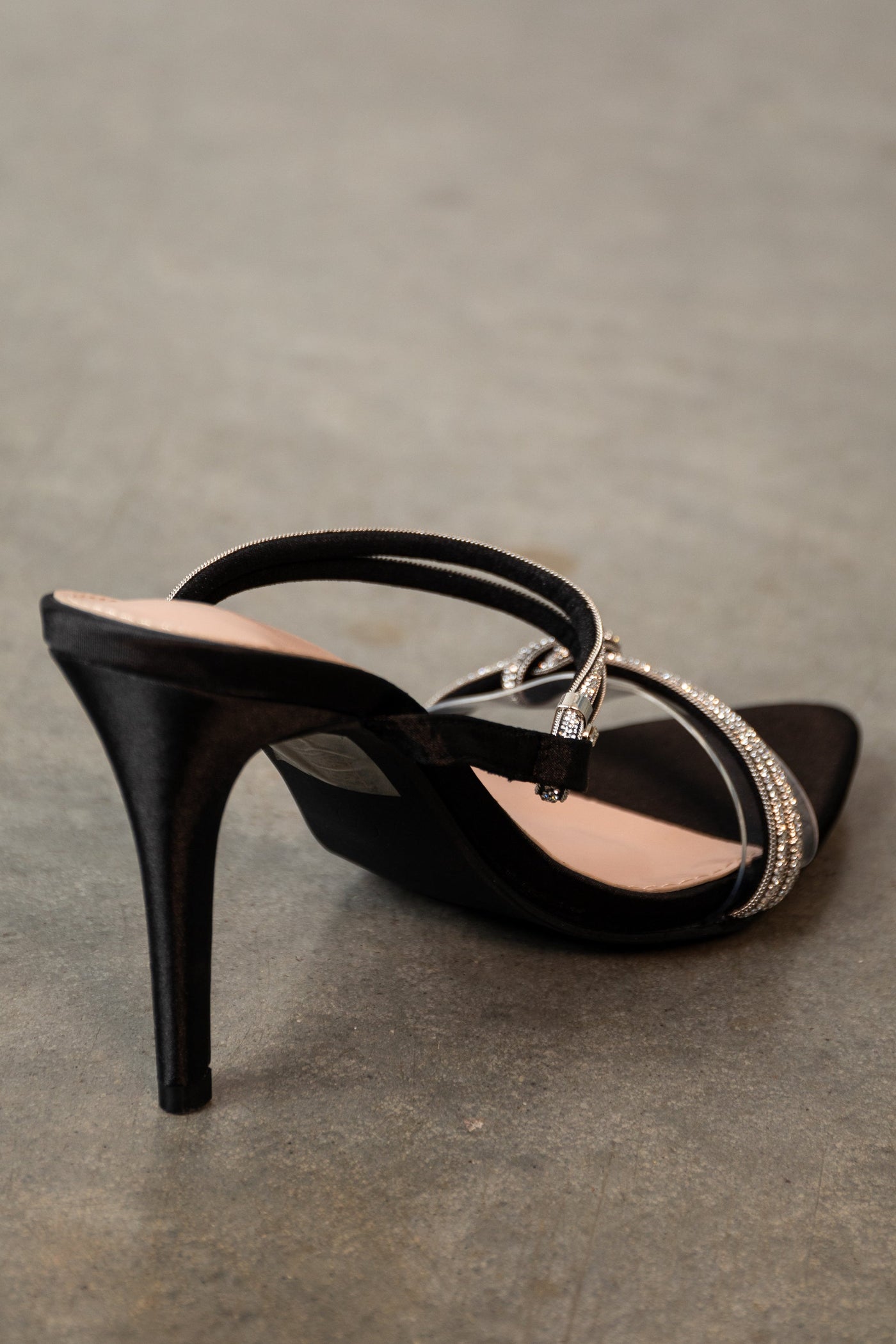 Black Satin Rhinestone Strap Pointed Heels