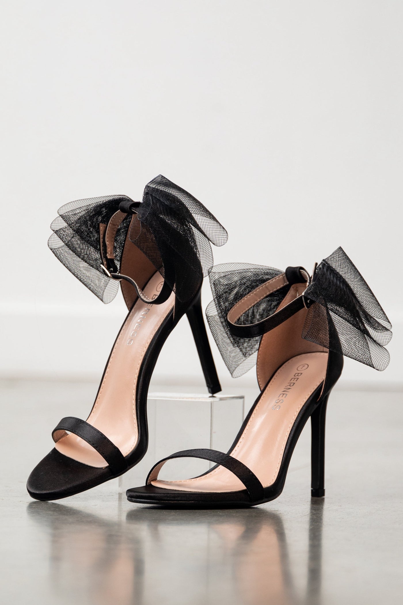 Black Satin Stiletto Heels with Tulle Bow